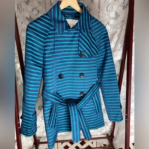 Coach womens S navy blue & jade striped short double breasted trench w belt